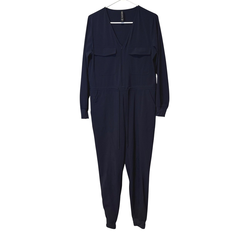 Athleta Navy Blue Utility Zip Front Jumpsuit Jogger Style Pants Long Sleeved S
